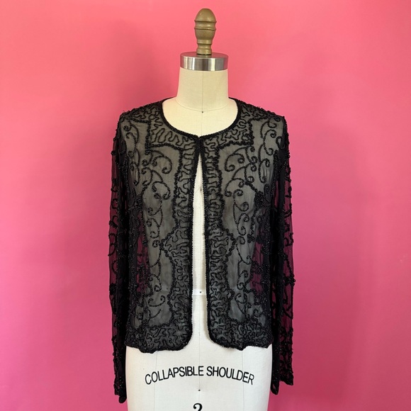 Vintage 80s/90s SILK Chiffon Embellished Goth Fairy Glam Sheer Cardigan S - Picture 1 of 13